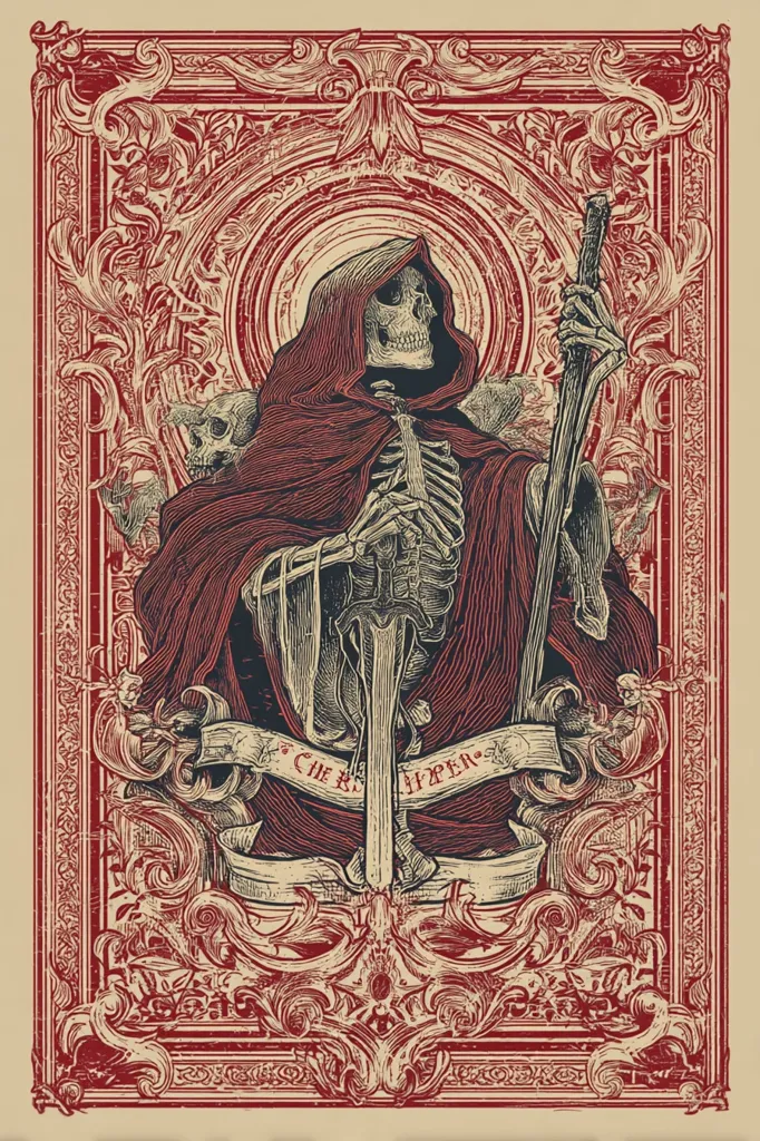An ornate, red and beige illustration depicts the Grim Reaper, a skeletal figure cloaked in a hooded robe. The Reaper holds a large sword, and is positioned within an elaborate, baroque-style frame.  Smaller skulls flank the main figure, adding to the macabre aesthetic.  A banner at the bottom reads "The Reaper," further emphasizing the theme of death.  The image style is reminiscent of vintage woodcut prints or engravings.