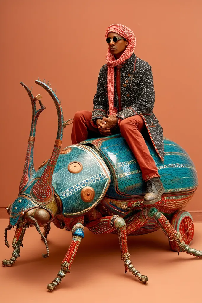 A man in a coral turban and patterned coat sits atop a large, intricately decorated beetle sculpture. The beetle is predominantly teal and red, adorned with copper accents and detailed designs. The man's attire complements the vibrant colors of the artwork, creating a striking visual contrast against the muted orange background.  The image suggests a blend of cultural and artistic expression.