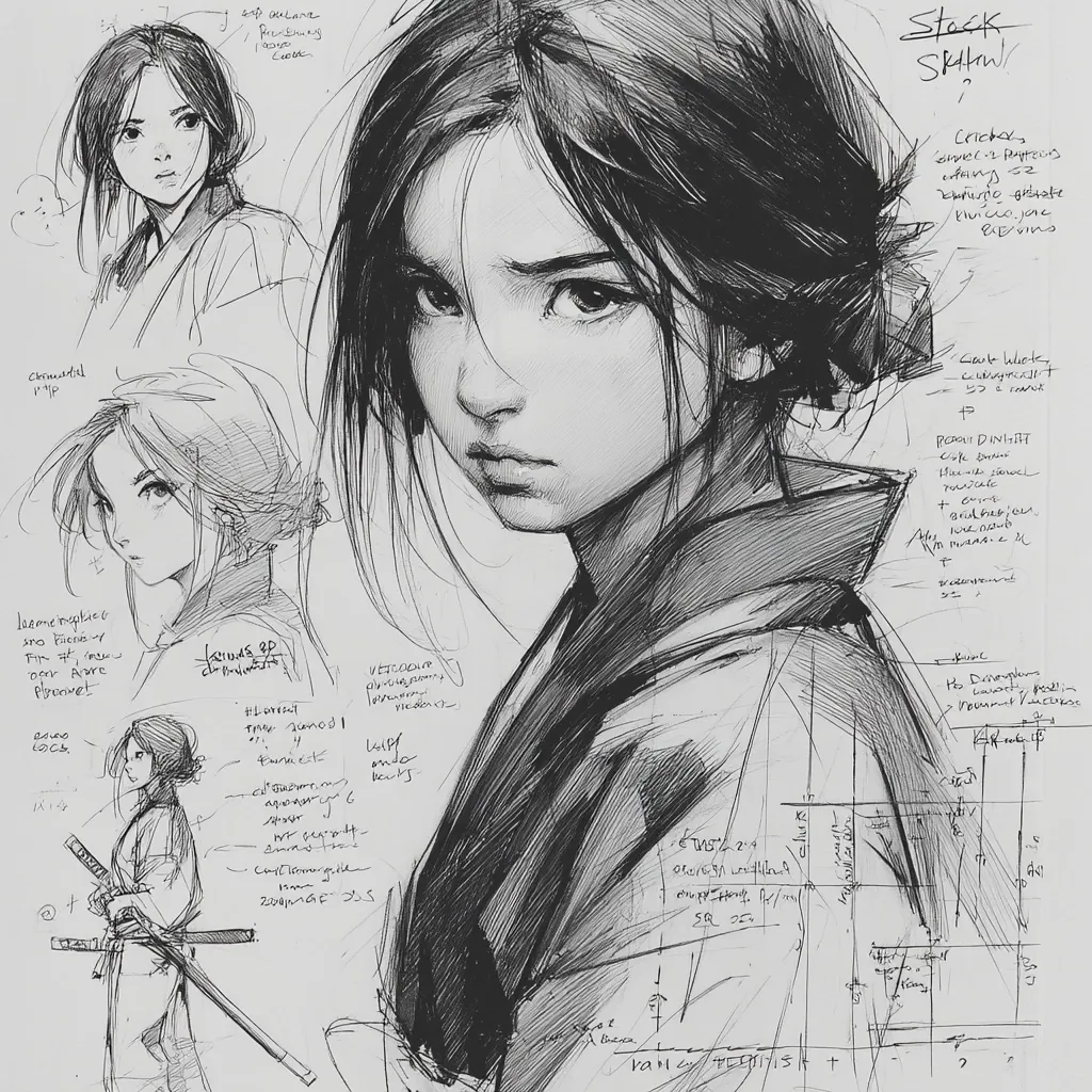 A grayscale sketch features a central figure, a young woman with dark hair, rendered in a style blending realism and anime influences.  Surrounding her are smaller sketches of female faces and figures, alongside notes and design elements, possibly detailing clothing or character design. The overall impression is one of a work in progress, with annotations suggesting artistic process and material details.  The style is expressive and detailed, emphasizing shading and texture.