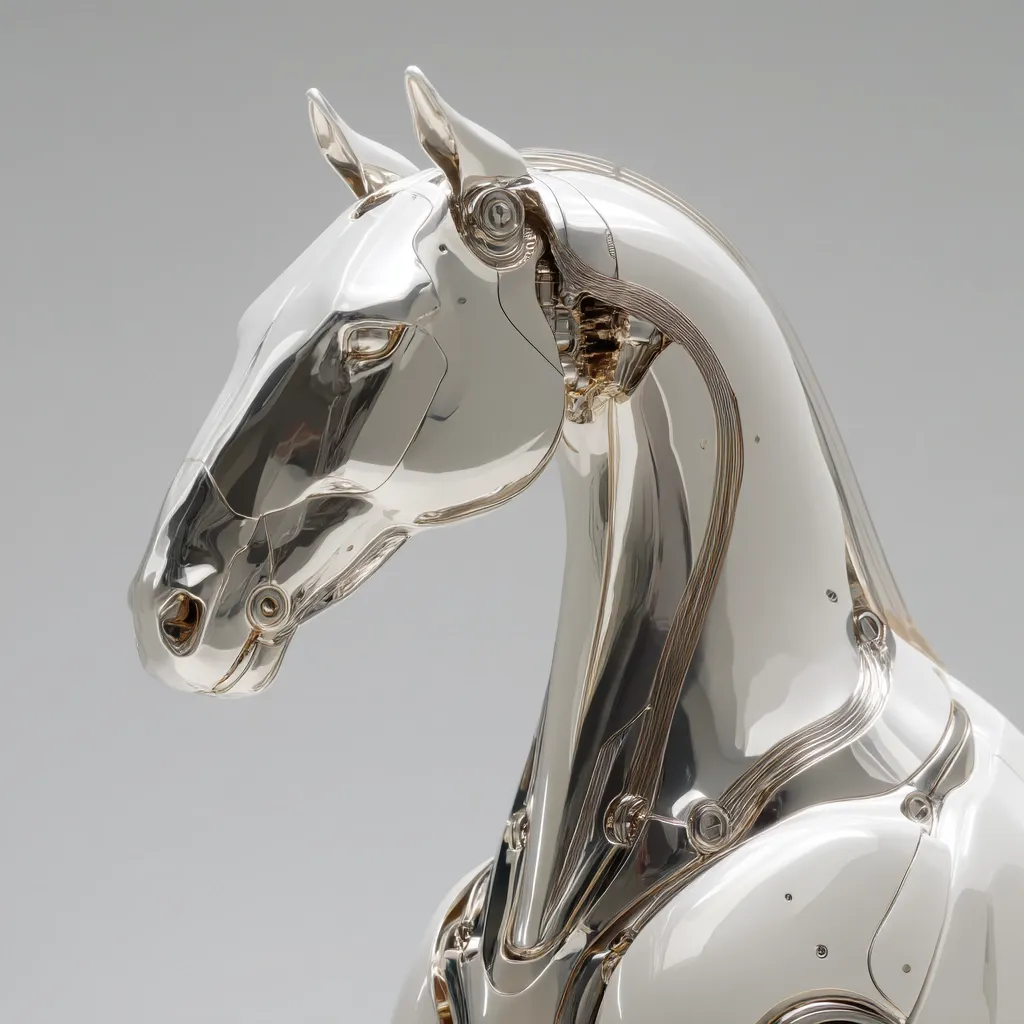 A gleaming, chrome-plated sculpture of a horse's head and neck is presented.  The design is highly detailed, exhibiting a mechanical, almost robotic aesthetic.  Visible joints and internal structures suggest a complex assembly, contrasting the sleek exterior. The metallic sheen reflects light, creating a striking visual effect against a neutral background.