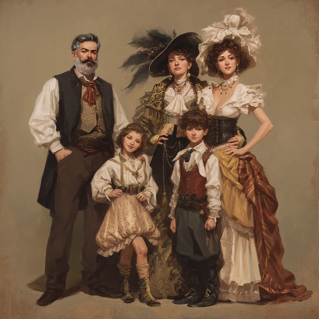 A meticulously detailed portrait showcases a 19th-century family. The father, with a distinguished grey beard, stands beside his elegantly dressed wife.  Their children, a girl and a boy, are positioned in front, attired in period-appropriate clothing.  The mother wears a large, ornate hat, while the overall aesthetic suggests a wealthy family, captured in a formal, painted family portrait.  The rich textures and detailed clothing are striking.