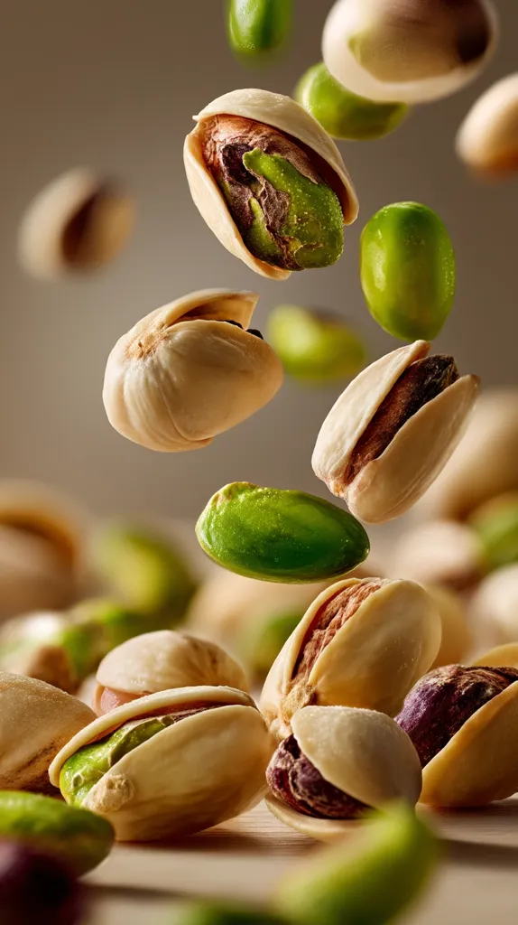A vibrant close-up captures pistachios in mid-air, showcasing their creamy beige shells and vibrant green interiors.  Some are open, revealing the nut within, while others remain closed. The pistachios are sharply focused against a blurred background, creating a dynamic and appetizing image.  The overall composition suggests freshness and abundance.