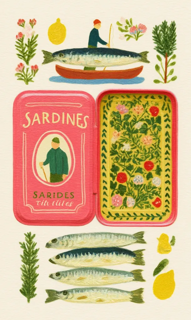 A whimsical illustration depicts a pink sardine tin, open to reveal a floral interior.  Outside the tin, a fisherman in a small boat carries a large sardine, surrounded by lemons, herbs, and wildflowers.  Below, four smaller sardines are arranged, mimicking the contents of the tin, creating a charming and detailed composition. The style is reminiscent of folk art.
