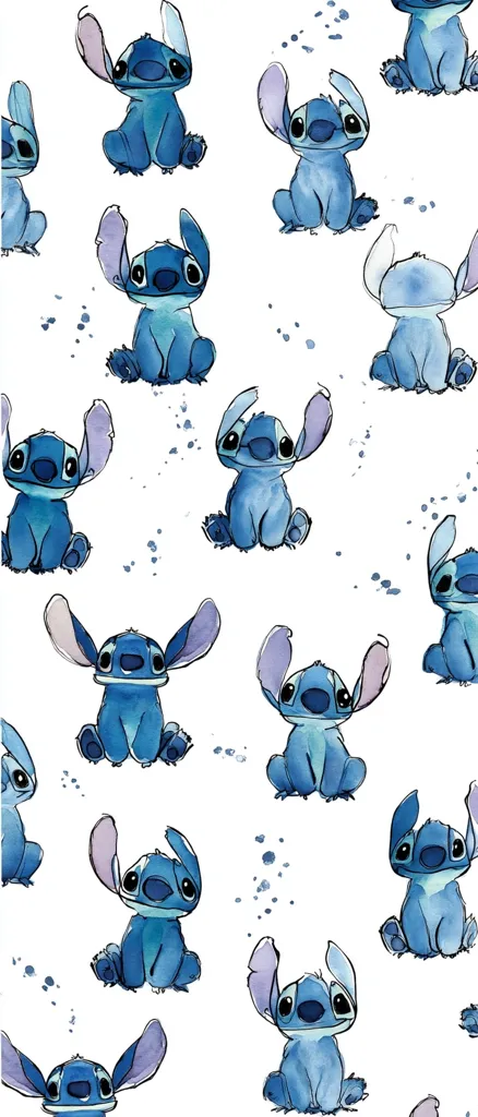 A charming pattern featuring Stitch, the beloved Disney character.  Watercolor-style illustrations depict Stitch in various playful poses, his signature blue fur and large ears evident.  The background is white with scattered blue splotches, adding a whimsical touch to the repeating design.  The overall aesthetic is cute and lighthearted, perfect for fabric, wallpaper, or other decorative applications.