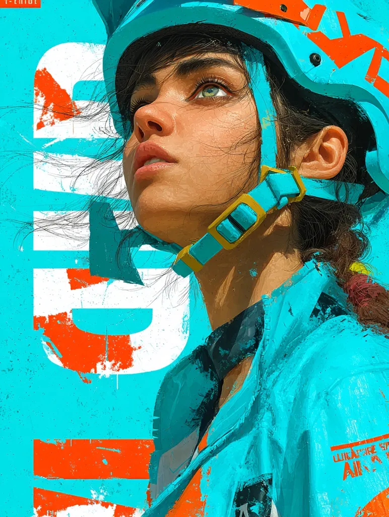 A stylized portrait of a young woman wearing a vibrant turquoise helmet. Her dark hair flows behind her, and her gaze is directed upwards. The background features bold orange and turquoise graffiti-style lettering. The art style is digitally painted, with a textured and expressive quality, emphasizing strong color contrasts and dynamic brushstrokes.  The overall impression is one of energy and movement.
