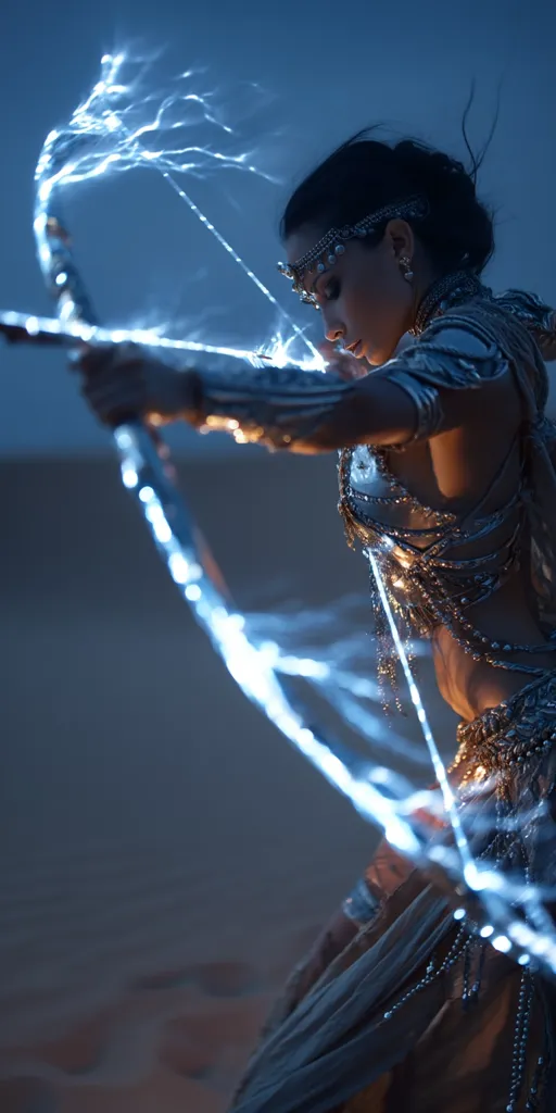 A woman, adorned in ornate silver jewelry and flowing robes, gracefully draws a glowing blue bow and arrow.  The ethereal light emanating from the bow creates a mystical atmosphere, enhancing her poised stance in a desert setting. The image evokes a sense of power and fantasy.