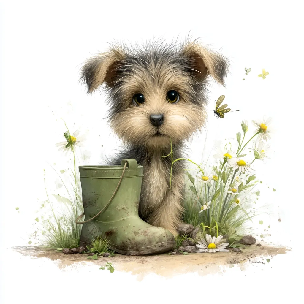 A charming illustration depicts a fluffy Yorkshire Terrier puppy seated amidst wildflowers.  A small, muddy green rain boot and pail sit beside it. Butterflies flutter nearby, adding to the whimsical, springtime scene. The puppy's expressive eyes and soft fur create a heartwarming image, perfect for a greeting card or children's book.