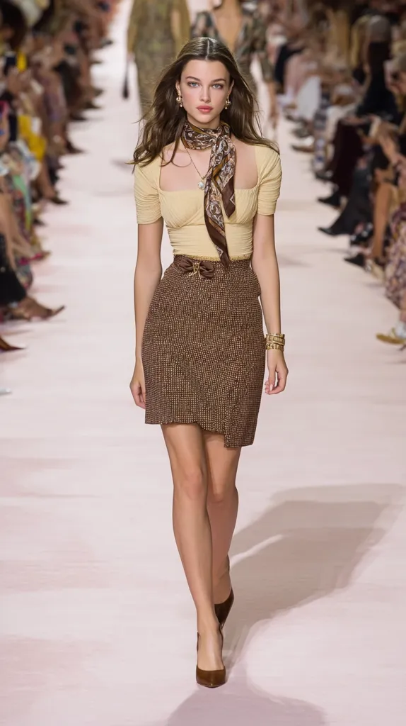 A model walks a runway in a pale yellow short-sleeved, square-necked top paired with a brown tweed A-line skirt.  She accessorizes with a brown silk scarf, a brown belt with a bow detail, gold bracelets, and brown heels.  Her hair is styled in loose waves, and her makeup is natural and understated. The background features a blurred out runway and audience.