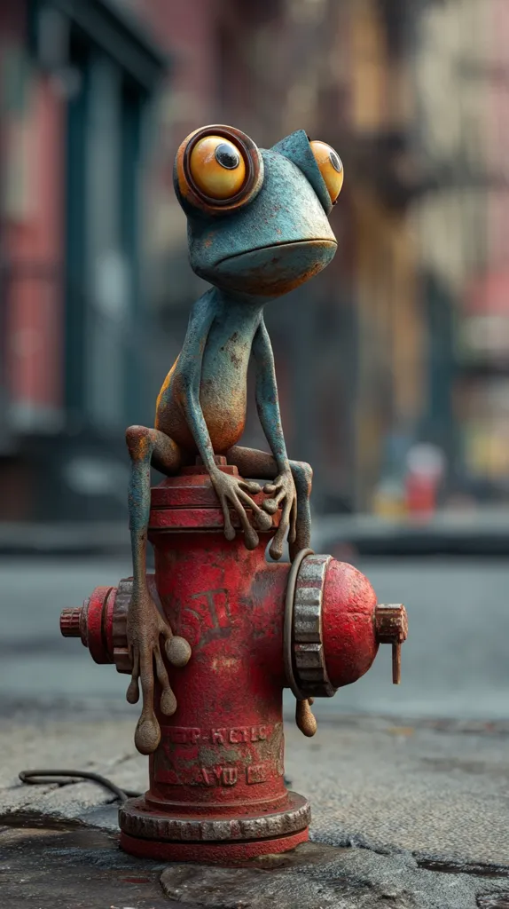 A whimsical 3D-rendered image shows a rusty, blue-green frog with large, expressive yellow eyes perched atop a weathered red fire hydrant. The frog's posture is relaxed, its hands gently gripping the hydrant.  The background is a blurred cityscape, suggesting an urban setting. The overall style is detailed and slightly melancholic, with a focus on texture and character.