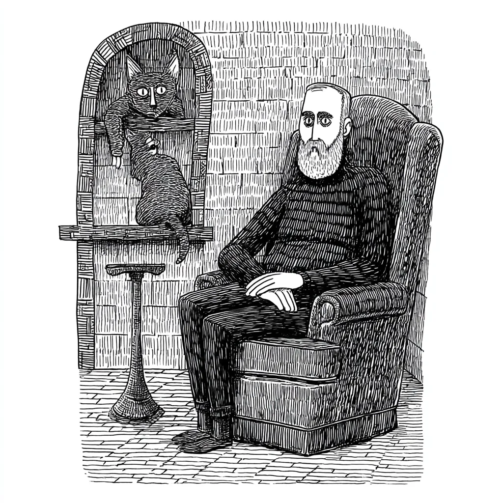 A black and white illustration depicts a bearded man seated in an armchair, observing two cats perched in a fireplace alcove.  The man is dressed in a dark sweater and trousers. The scene is rendered in a detailed, cross-hatched style reminiscent of woodcuts, creating a stark and slightly melancholic atmosphere. A small table sits between the man and the fireplace.