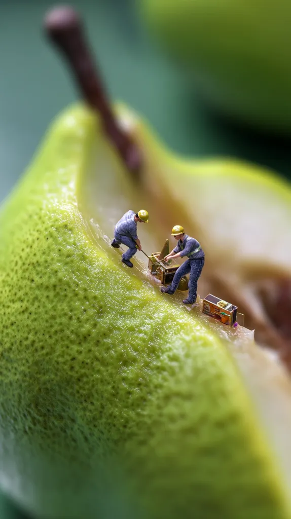 Two miniature construction workers in hard hats are diligently working on a small object inside a halved pear.  Their tools and a small box are visible beside them. The scene is meticulously detailed, showcasing the contrast between the tiny figures and the large, textured pear.  The image's focus is sharp, highlighting the miniature construction scene within the fruit.