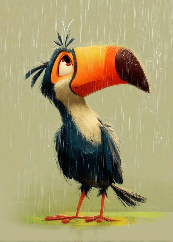 A stylized toucan stands in the rain, its large, colorful beak tilted upward.  The bird's expression is somewhat melancholic, its dark plumage glistening with raindrops.  The background is a soft, muted green, with vertical lines suggesting a gentle downpour.  The overall style is whimsical and charming, evoking a feeling of quiet contemplation.
