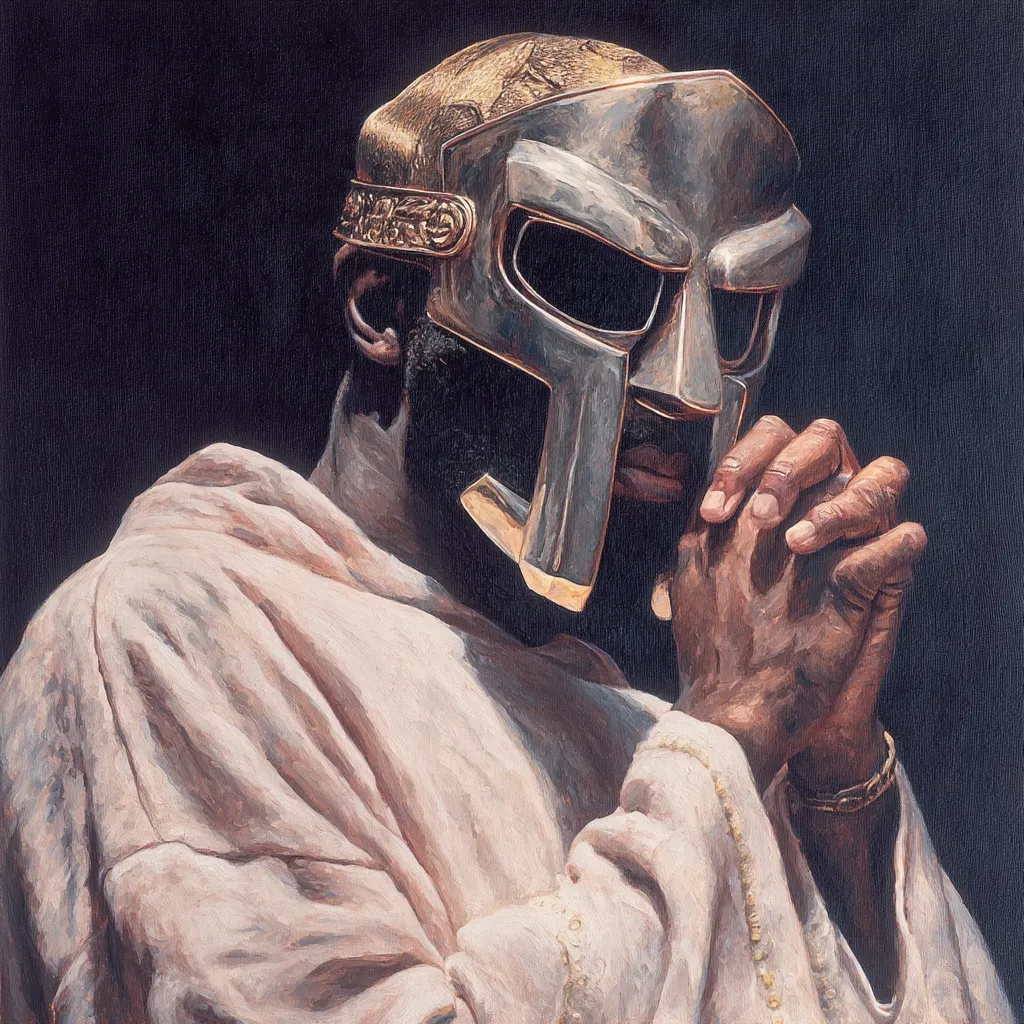 A striking portrait depicts a man, possibly of African descent, wearing a metallic Roman-style helmet resembling that of the rapper MF DOOM.  His hands are clasped in prayer, a gesture of piety contrasting with the warrior-like helmet. He is dressed in a light-colored robe, suggesting a juxtaposition of spirituality and strength. The dark background accentuates the figure and the interplay of light and shadow on the fabric and metal. The overall mood is one of serene contemplation.
