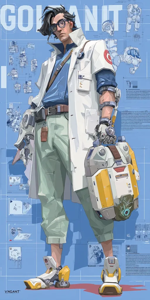 A stylized illustration of a character, possibly from a video game,  is presented.  He wears a white lab coat over a blue shirt and light green pants, futuristic footwear, and carries a yellow and white technological device.  The background features blueprints and technical diagrams, suggesting a scientific or engineering context.  His glasses and serious expression add to the character's intellectual and possibly scientific persona.  The overall style is clean and sharp, using a muted color palette.