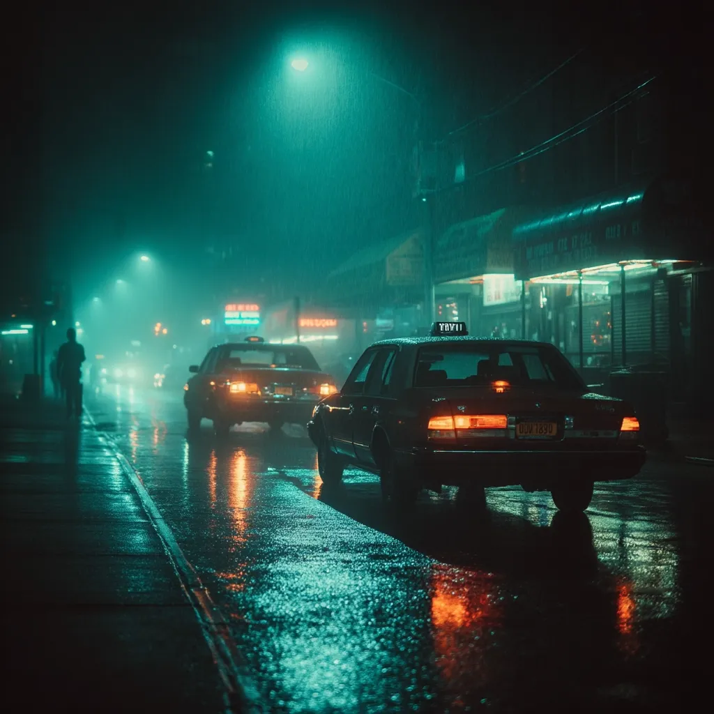 A rain-slicked city street at night is illuminated by neon signs and streetlights casting a teal glow. Two taxis are visible, one in the foreground, sharply in focus, and another further back, blurred by the rain and distance. A lone pedestrian walks in the background, adding to the atmospheric mood. The wet pavement reflects the city's lights, creating a vibrant yet melancholic scene.