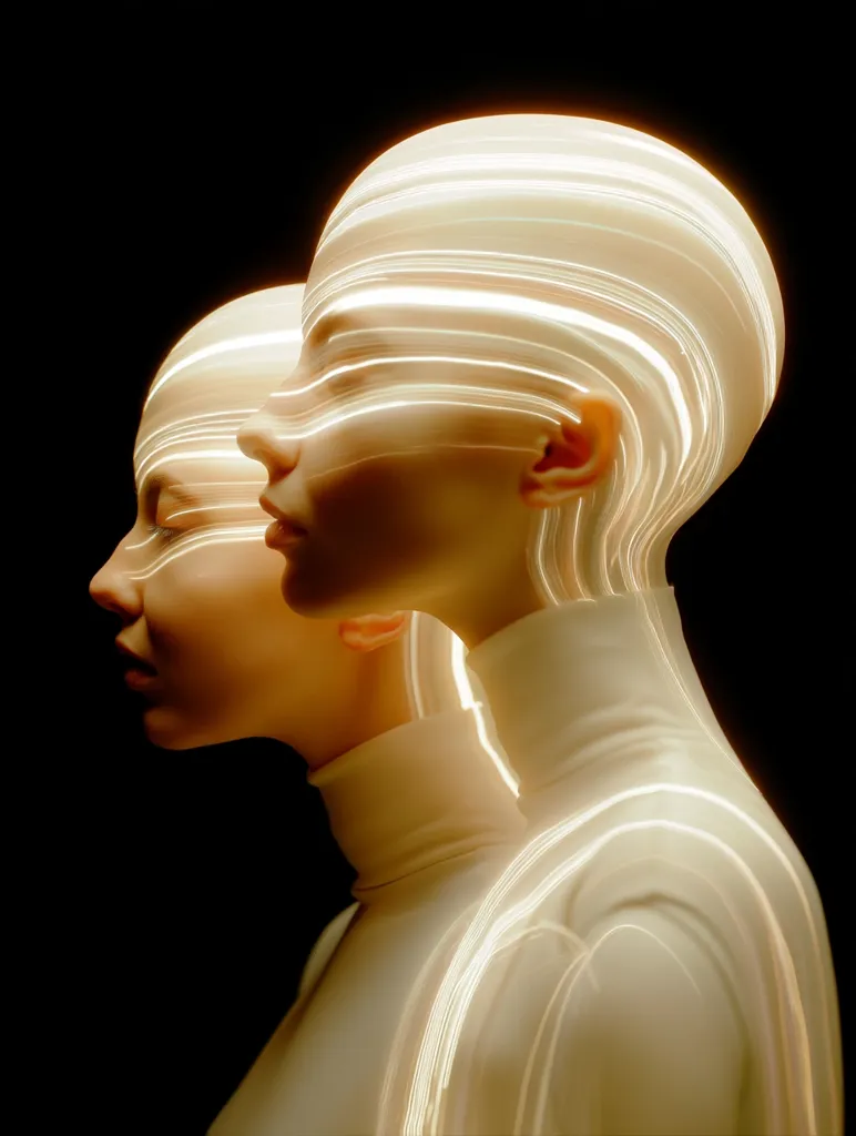 Two stylized female figures are depicted in profile, their heads overlaid with luminous, swirling lines of light.  The figures are pale, almost translucent, and wear high-necked, seamless garments. The overall effect is one of ethereal beauty and futuristic technology, suggesting a connection between the two individuals. The dark background enhances the glow of the light trails.