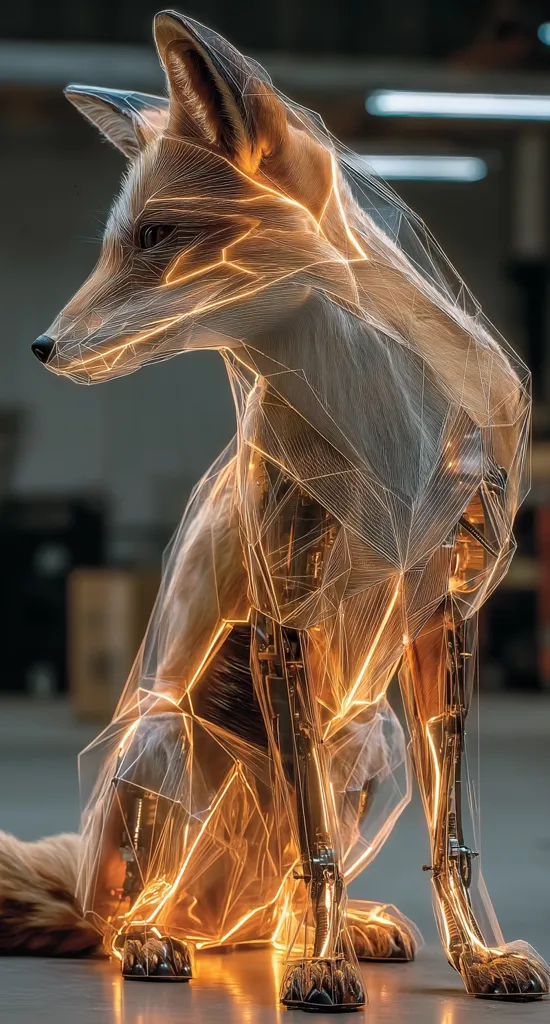 A digital rendering depicts a fox seemingly encased in a translucent, geometric structure.  Glowing amber lines trace the fox's form, highlighting its musculature and anatomy.  Metallic, articulated legs suggest a robotic or biomechanical element. The overall effect is one of ethereal beauty and technological fusion, creating a captivating blend of nature and artifice.