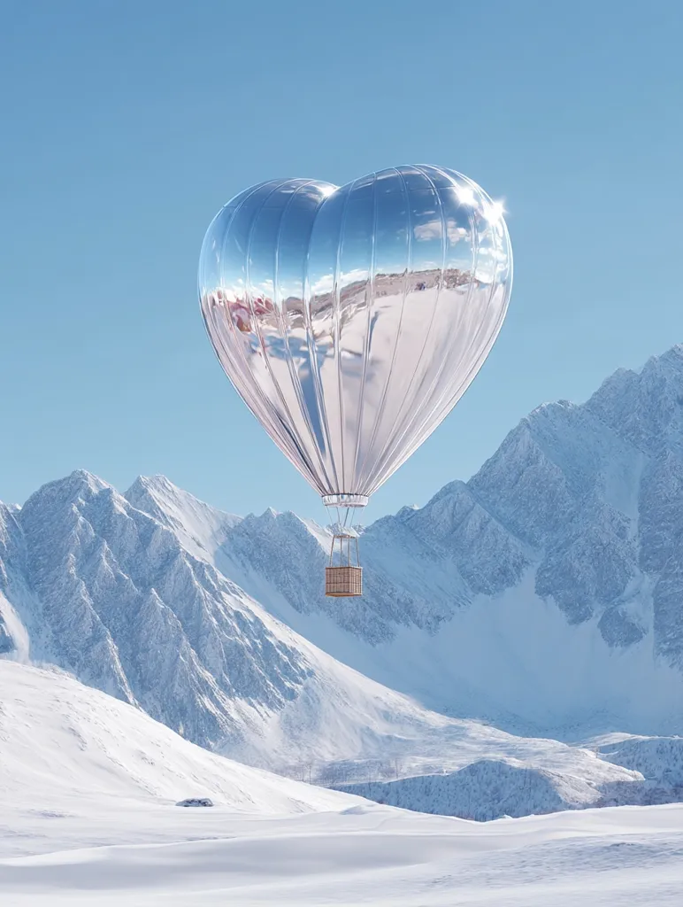 A heart-shaped, silver hot air balloon floats serenely against a clear blue sky above a snow-covered mountain range. The balloon's reflective surface mirrors the surrounding landscape.  A small, wooden basket hangs beneath, suggesting a romantic and adventurous journey. The scene evokes feelings of peace and wonder.
