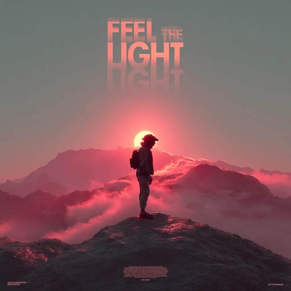 A lone hiker stands on a mountain peak at sunset, silhouetted against a vibrant red sky.  The words "FEEL THE LIGHT" are superimposed, emphasizing the serene and awe-inspiring moment.  Clouds swirl below, adding depth to the dramatic landscape. The overall mood is one of peaceful contemplation and the beauty of nature.