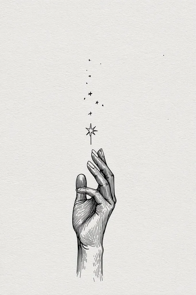 A detailed line drawing showcases a hand delicately reaching towards a constellation of small stars culminating in a bright, central star.  The style is reminiscent of vintage botanical illustrations or woodcuts, with precise hatching and cross-hatching creating texture and depth. The image evokes a sense of magic or wonder, suggesting the capturing or creation of starlight.