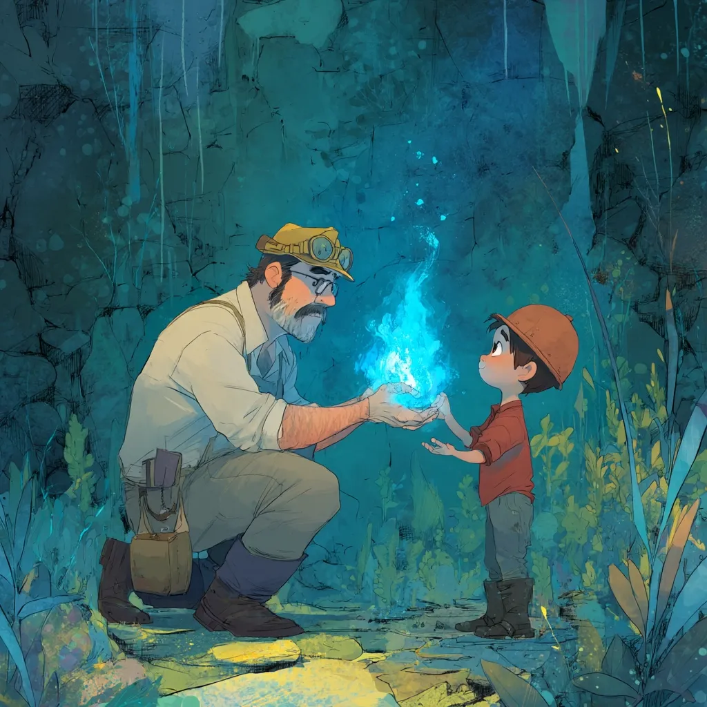An older man, clad in explorer's attire, kneels in a dimly lit cavern, gently cradling a small, ethereal blue flame.  He shares this magical fire with a young boy, who gazes at it with wonder and awe.  Surrounding them, lush, vibrant vegetation hints at a hidden, mystical world. The scene evokes a sense of shared discovery and the passing of knowledge between generations.