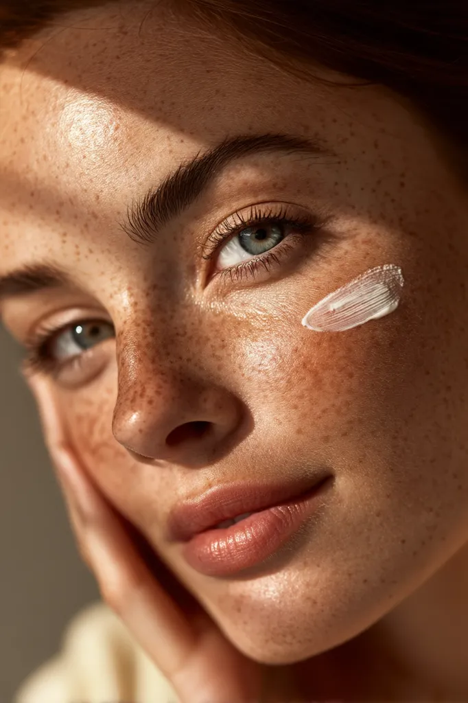 Close-up of a young woman's face, illuminated by sunlight, showcasing her freckles and natural beauty.  A dab of cream is visible on her cheekbone.  Her hand gently rests on her cheek.  The image evokes a feeling of serenity and natural skincare.