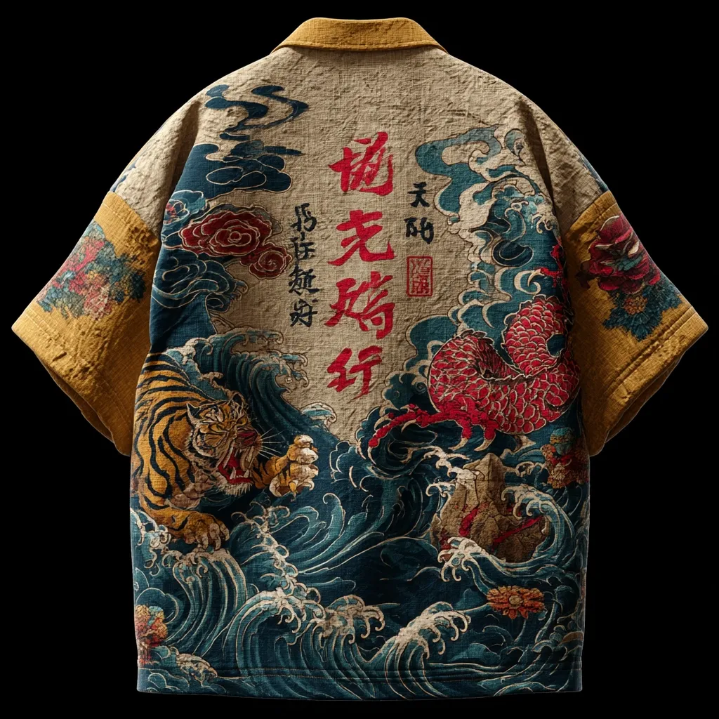 A beige and gold short-sleeved shirt is shown from the back.  The shirt features a striking, full-back print depicting a dynamic scene of a tiger and dragon amidst crashing waves.  Traditional Japanese characters are vertically displayed alongside the imagery. The shirt appears to be made of a textured linen or cotton blend. The design is bold and evocative of Japanese woodblock prints.