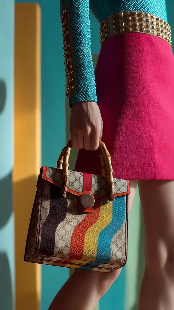 A woman in a teal beaded top and vibrant pink skirt holds a Gucci handbag. The bag features the brand's signature monogram canvas with multicolored wavy stripes, and bamboo handles.  The model's outfit is complemented by a gold studded belt. The image's background consists of teal and gold vertical stripes.