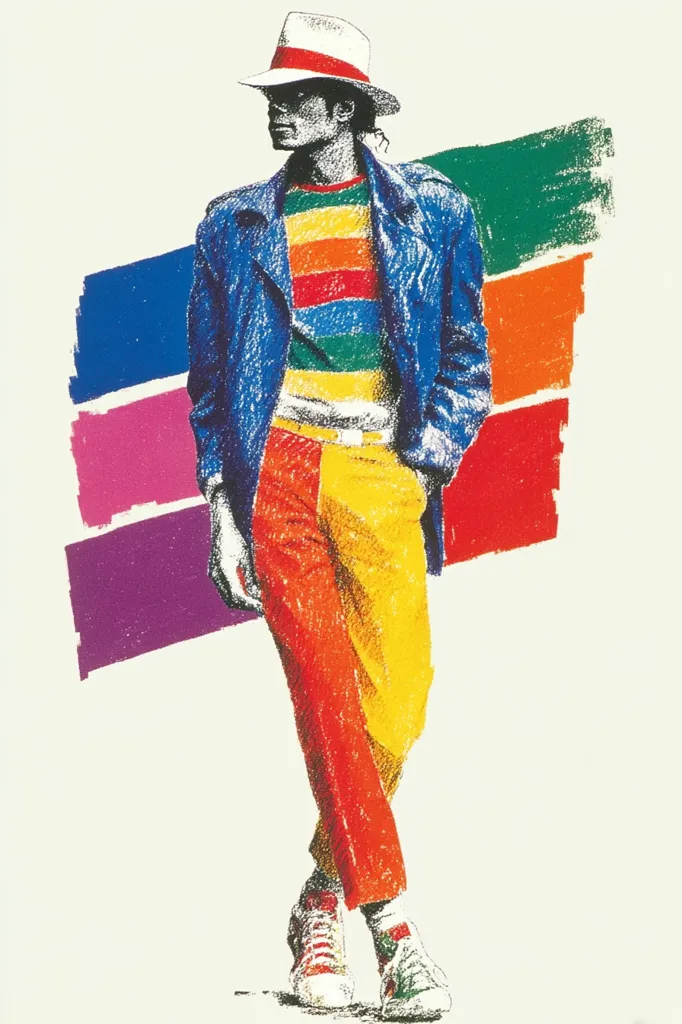 A stylized portrait of Michael Jackson, rendered in vibrant colors. He's depicted wearing a blue jacket, a rainbow-striped shirt, and multi-colored pants, complemented by a white fedora and sneakers.  The background features bold, brightly colored brushstrokes, adding to the dynamic and energetic feel of the piece.  The image captures Jackson's iconic style and charisma.
