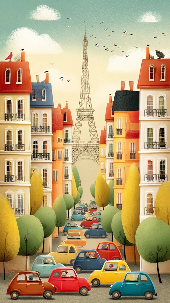 A charming illustration depicts a Parisian street scene. Colorful buildings line a tree-lined avenue, leading towards the Eiffel Tower in the distance.  Small, vintage cars are parked along the street, with passengers visible in each. The style is whimsical and slightly stylized, creating a cheerful and idyllic atmosphere. Birds fly overhead, adding to the lively ambiance.