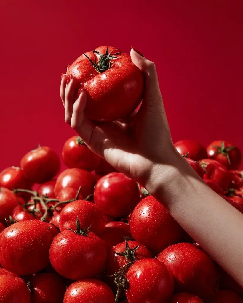 A hand gently holds a single, glistening red tomato against a backdrop of a large pile of similar tomatoes.  The vibrant red color is consistent throughout the image, creating a visually striking effect.  Water droplets are visible on the tomatoes, suggesting freshness. The scene is simple yet elegant, emphasizing the beauty of the produce.