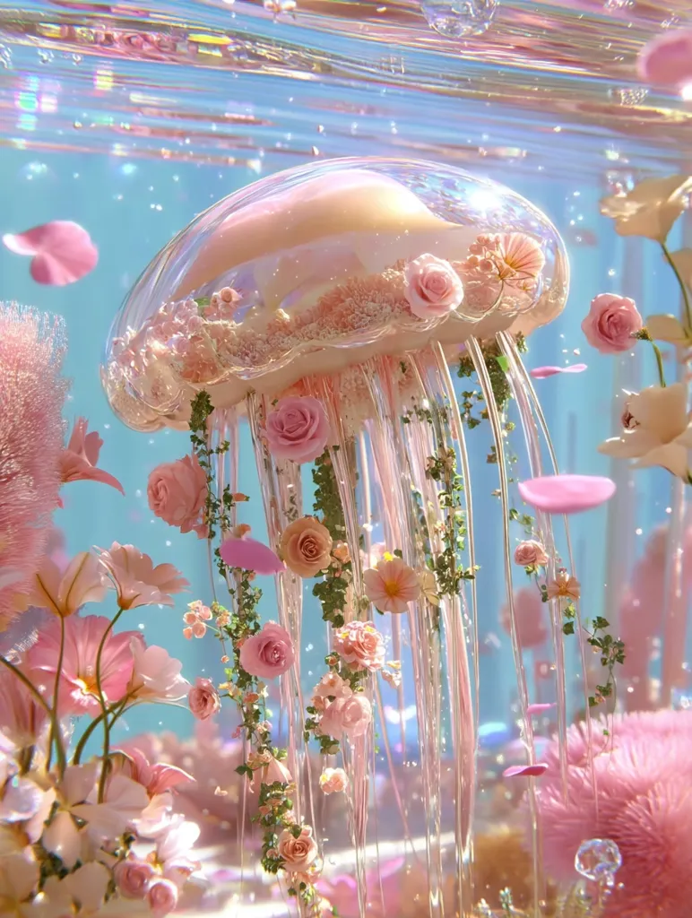 A whimsical, ethereal jellyfish floats in a dreamy underwater scene.  Its bell is a translucent, iridescent dome filled with delicate pink roses and blossoms.  Long, flowing tendrils, adorned with more flowers and greenery, cascade downwards, creating a captivating, otherworldly spectacle of pink and pastel hues. The surrounding water shimmers with light, enhancing the magical atmosphere.
