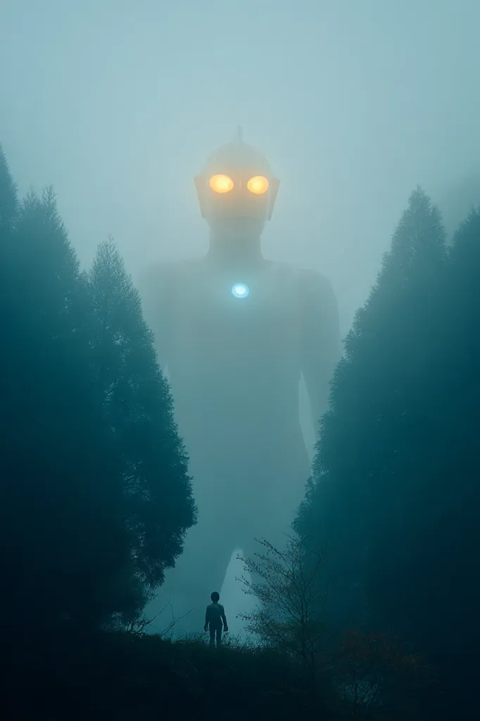 A colossal, humanoid figure, possibly a robot or alien, looms in a misty forest. Its glowing eyes and chest illuminate the eerie scene.  A lone, small figure stands in the foreground, dwarfed by the giant, creating a sense of awe and vulnerability. The fog adds to the mysterious and slightly menacing atmosphere.  The overall tone is dark, enigmatic, and evokes a sense of wonder.