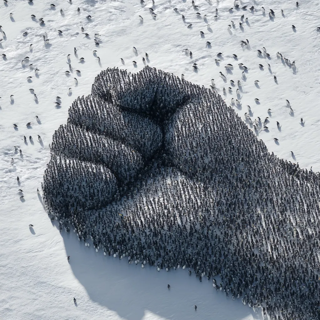 An aerial view reveals a massive gathering of penguins on a snow-covered landscape.  Remarkably, the penguins are densely packed together to form the shape of a raised fist, a powerful visual metaphor.  Scattered penguins surround the main formation, creating a striking contrast between the organized mass and the individual birds.  The image suggests themes of unity, strength, and perhaps even protest.