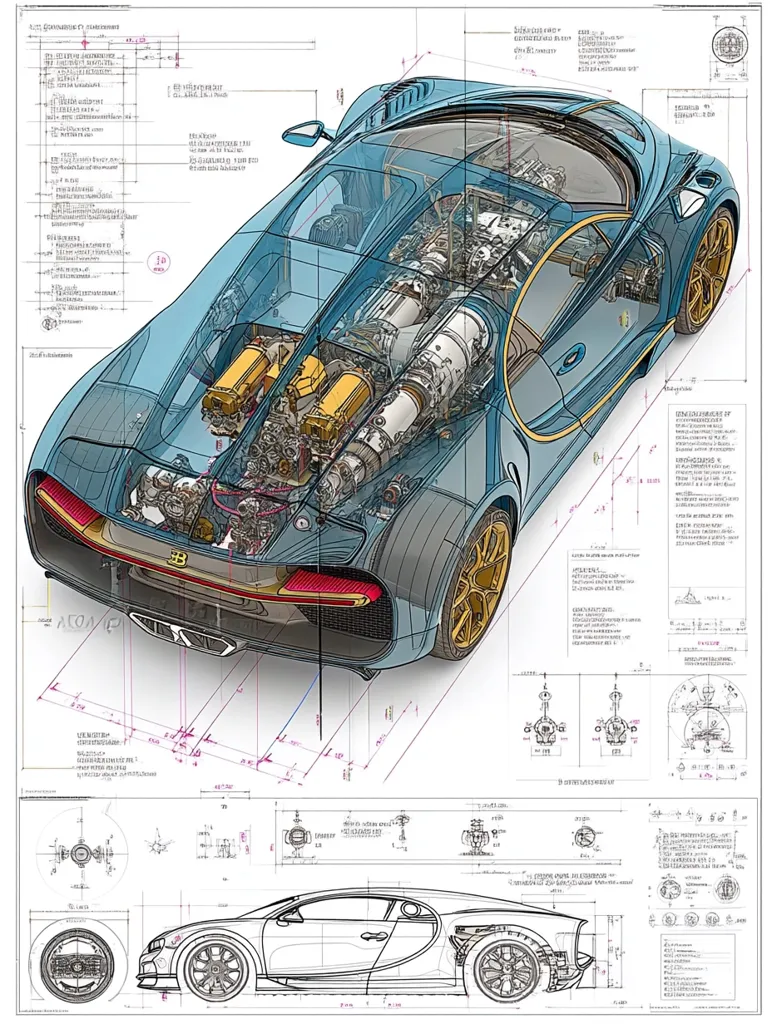 A detailed technical drawing showcases a Bugatti Chiron, its transparent body revealing the intricate engine and internal components.  Surrounding the main illustration are various engineering diagrams, blueprints, and specifications, providing a comprehensive view of the car's design and construction.  The style is reminiscent of a technical manual or engineering design document, emphasizing precision and detail.
