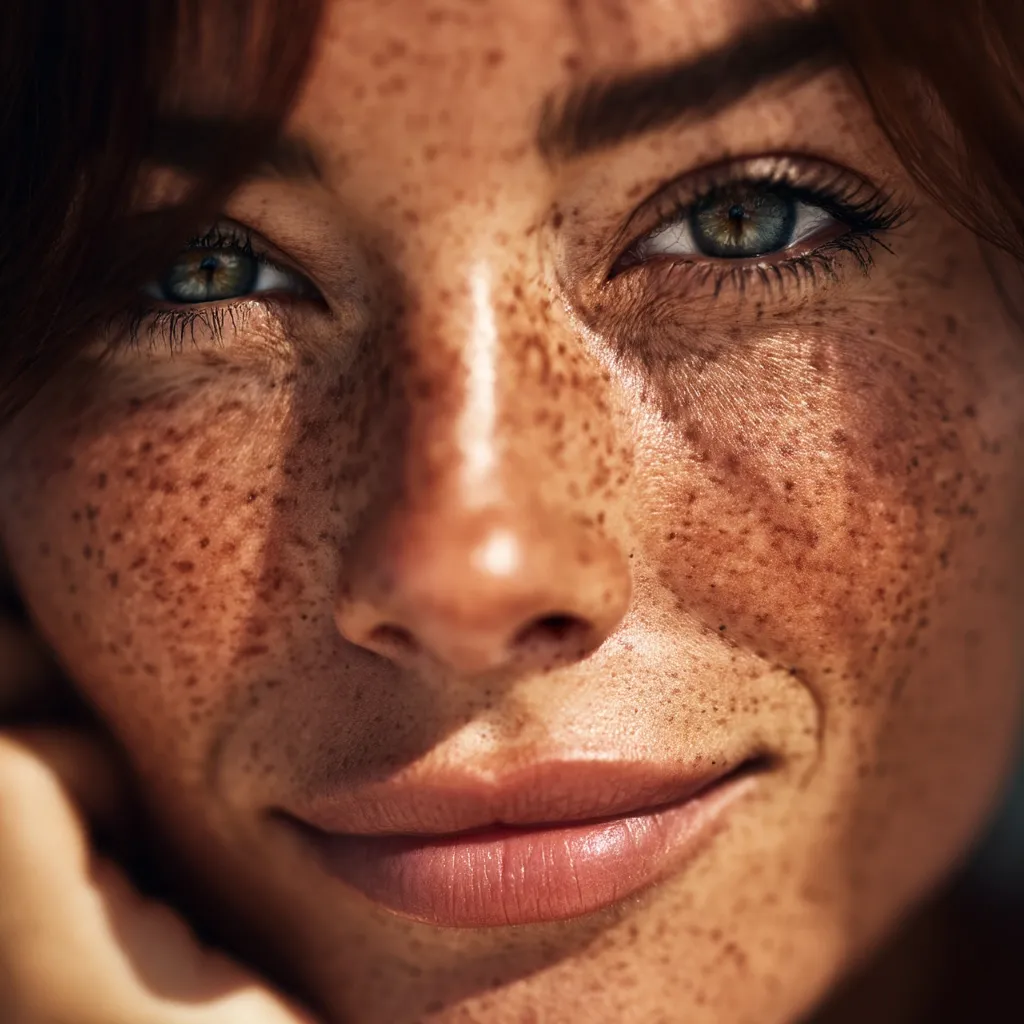 Close-up of a woman's face, speckled with freckles, her green eyes looking directly at the camera.  Sunlight highlights the freckles and creates shadows on her skin. She has a soft, gentle expression and her lips are slightly parted in a subtle smile.  The image focuses on the texture and beauty of her naturally freckled skin.