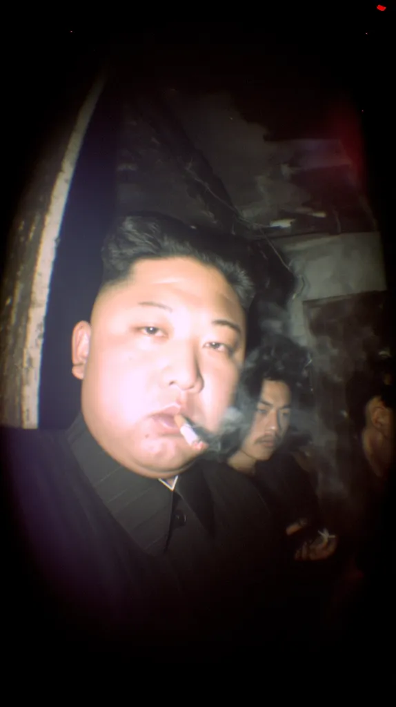 A close-up, dimly lit photo shows Kim Jong-un smoking a cigarette.  He's in a dark suit, his face partially obscured by smoke.  Other figures are visible in the background, also seemingly in shadow, creating a mysterious and somewhat clandestine atmosphere. The image has a grainy, low-resolution quality, suggesting it might be from an older camera or a less-than-ideal lighting situation.