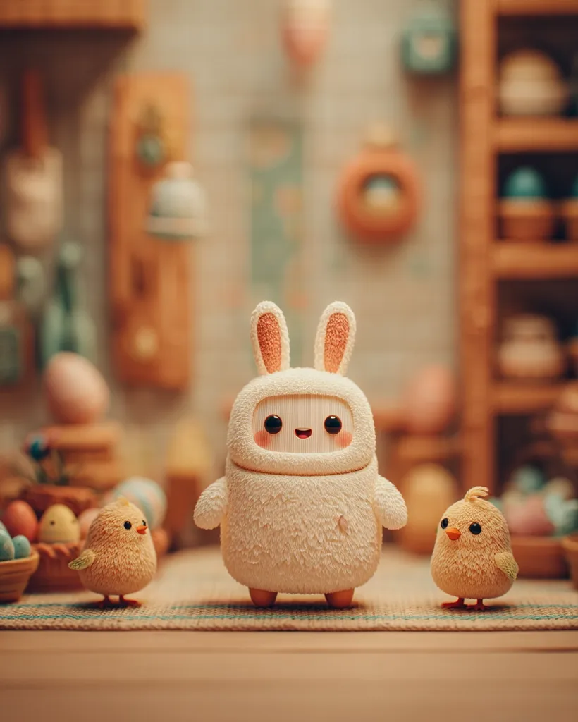 A fluffy white bunny robot stands between two adorable fuzzy yellow chicks.  The scene is set in a charming miniature Easter-themed room with pastel colors and baskets of eggs.  The overall style is cute and whimsical, evoking a feeling of warmth and spring.  The bunny's happy expression adds to the image's cheerful atmosphere.