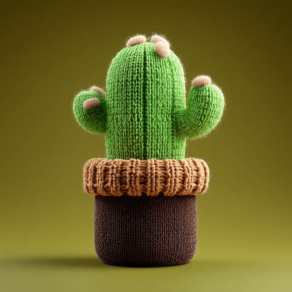 A charming knitted cactus sits in a coordinating knitted pot.  The cactus is bright green with light brown, fluffy accents suggesting spines.  The pot features a tan knitted band around a dark brown base. The entire piece is a playful, textured depiction of a desert plant, set against a muted olive green background.