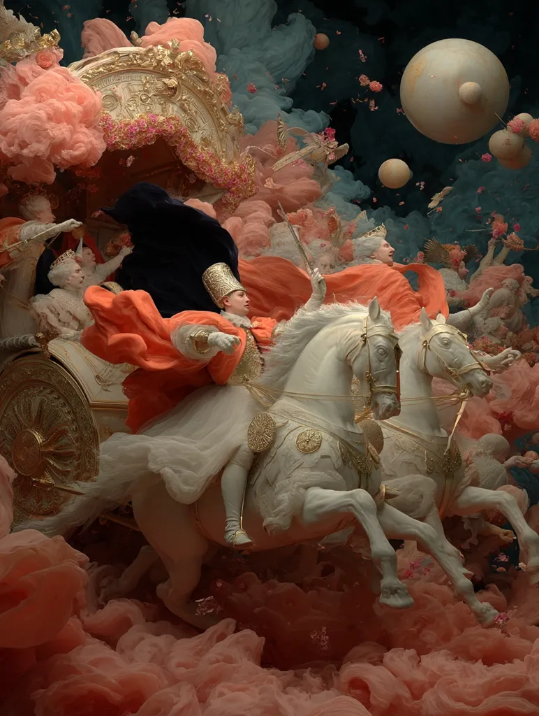 A regal figure in ornate clothing rides a chariot pulled by two majestic white horses, soaring through a fantastical sky filled with swirling pink clouds and celestial bodies.  Other figures, seemingly attendants or deities, accompany them. The scene is rich with detail, blending elements of classical art and surrealism, creating a dreamlike and ethereal atmosphere.  Gold accents on the chariot and horses add to the opulent feel.