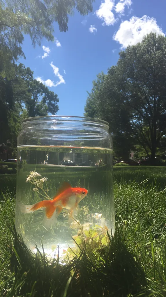 A goldfish swims in a large glass jar nestled in vibrant green grass under a bright, sunny sky.  The jar contains a small aquatic plant and water, creating a makeshift outdoor aquarium. Lush green trees form a backdrop against the clear blue sky dotted with fluffy white clouds. The scene is peaceful and idyllic.