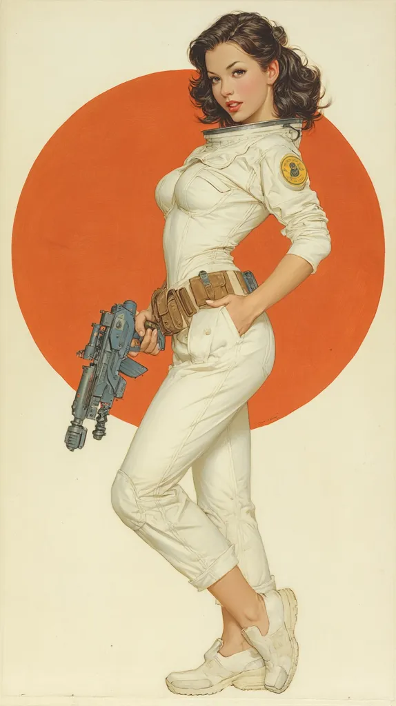 A stylized pin-up illustration depicts a woman in a white space suit, holding a futuristic firearm.  Her dark hair is styled neatly, and she poses confidently against a large, vibrant orange circle.  The artwork combines elements of classic pin-up aesthetics with science fiction imagery, creating a striking visual contrast. Her outfit includes a utility belt and comfortable footwear, suggesting a blend of fashion and functionality.