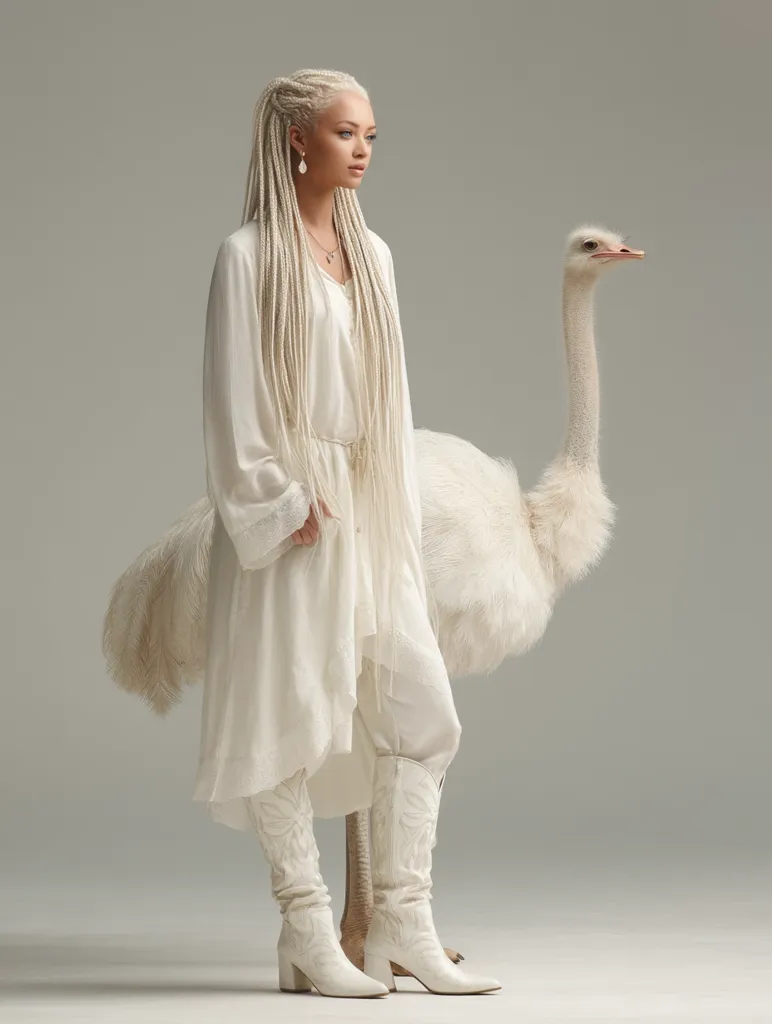 A woman with long blonde braids wears a flowing white dress and white cowboy boots.  She stands beside a white ostrich, creating a monochromatic and elegant image. The setting is a simple, light grey studio backdrop, emphasizing the woman and the bird’s striking appearance.  The overall mood is serene and slightly surreal.