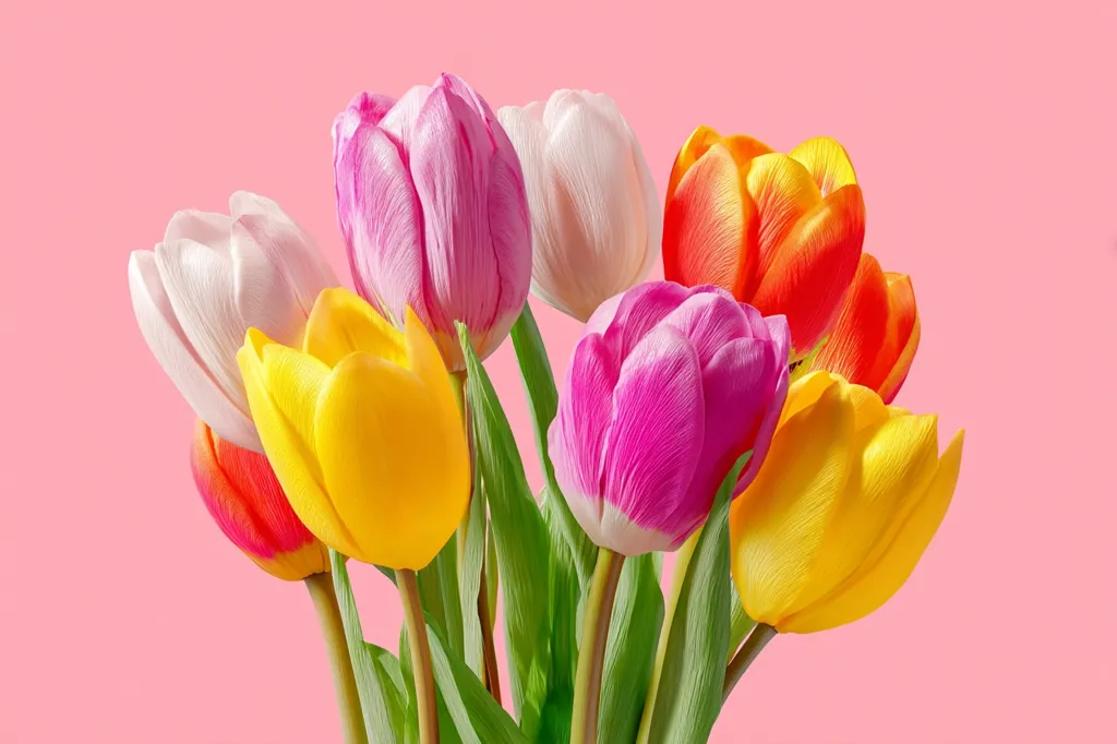 A vibrant bouquet of tulips in various colors is displayed against a soft pink background.  The tulips showcase a spectrum of hues, including pink, purple, yellow, orange, and white.  Their petals are full and appear freshly bloomed, creating a cheerful and spring-like image. The green stems and leaves add to the overall freshness of the arrangement.