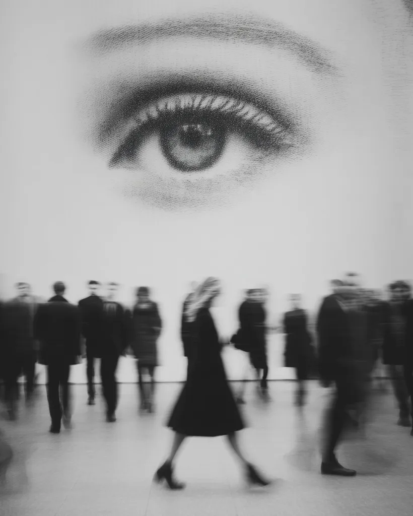 A large, grayscale drawing of an eye dominates the upper half of the image. Below, blurred figures of people walk in a gallery or museum, their forms indistinct and ethereal. The contrast between the sharp detail of the eye and the motion blur of the people creates a striking visual juxtaposition, suggesting themes of observation, anonymity, and the individual within a crowd.  The overall mood is contemplative and somewhat mysterious.