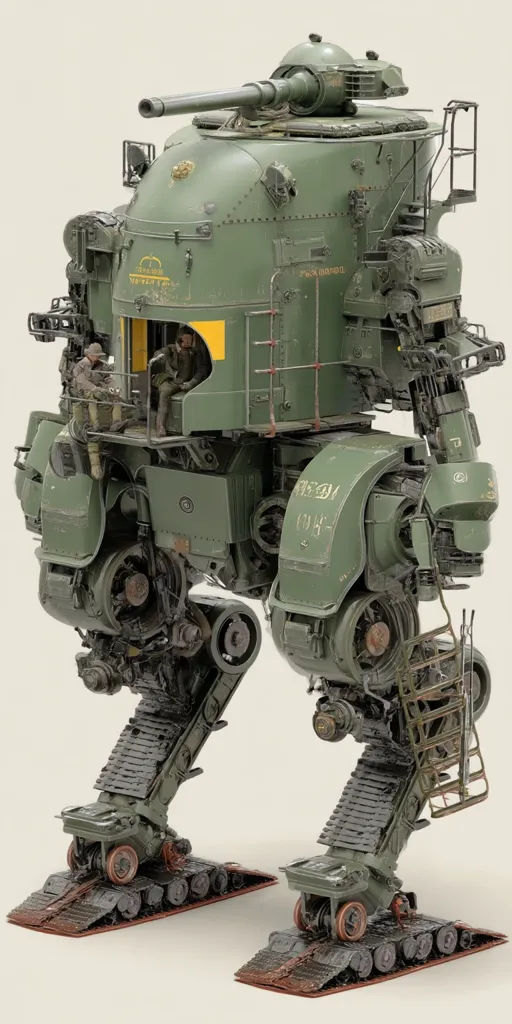 A detailed model of a bipedal mech, possibly steampunk-inspired, is shown.  It's predominantly olive green with visible mechanical details and weathering. The mech's body resembles a repurposed armored vehicle or train car, incorporating a turret with a cannon.  Small figures of soldiers are positioned within the cockpit.  The legs are complex, featuring tracked feet and various mechanical components. The overall appearance suggests a heavily armored, powerful, and imposing war machine.