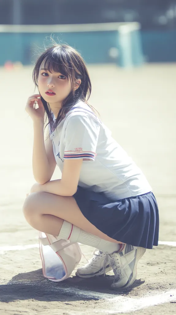 A young woman with dark hair, wearing a white short-sleeved sailor-style shirt and a dark pleated skirt, crouches on a sandy playing field.  She's wearing white athletic socks and shoes.  Her expression is serious, and her hand rests gently on her cheek.  A translucent bag sits near her feet.  The background is softly blurred, suggesting a schoolyard or sports area.