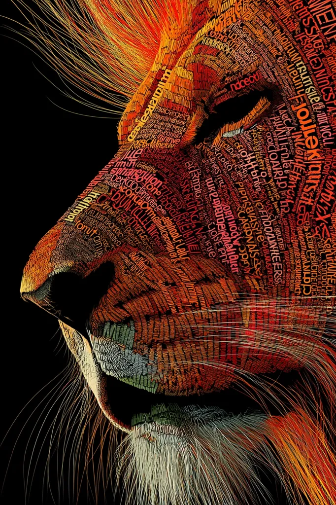 A lion's head and mane are depicted in a striking artwork. The image is composed of densely packed, interwoven words, creating a textured effect that mimics the lion's fur. The color palette ranges from deep reds and oranges to lighter yellows and hints of green, adding depth and vibrancy to the piece. The words are not clearly legible, serving more as a visual element than a readable text. The artwork's overall style is abstract and intricate, creating a powerful and captivating visual representation of the majestic lion.