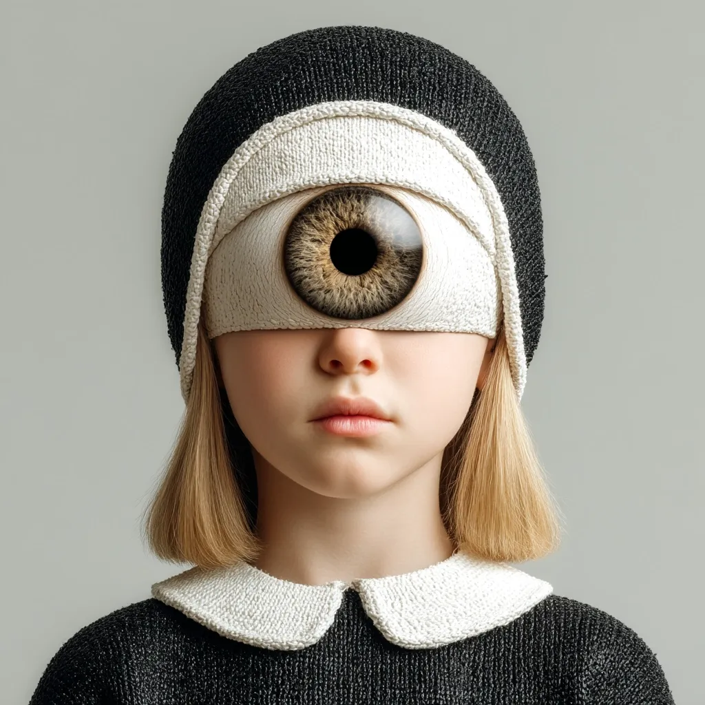 A young girl with blonde hair wears a black and white knitted hat.  A large, realistic eye is depicted under a white bandage covering her eyes. The contrast between the childlike features and the oversized, unsettling eye creates a surreal and slightly unnerving image.  Her expression is serious and calm. The overall style is artistic and possibly symbolic.