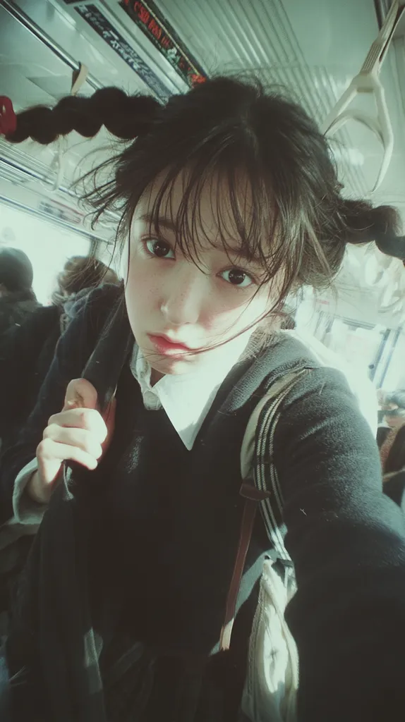 A young woman with dark hair styled in pigtails looks directly at the camera.  She's wearing a dark sweater over a white collared shirt, and a shoulder bag is visible. The setting appears to be public transport, with the interior of a vehicle visible in the background. The image has a slightly desaturated, vintage filter applied.  Her expression is serious, almost pensive.